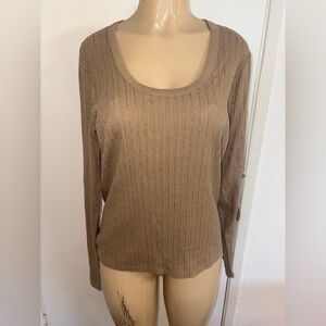 Ralph Lauren Beige Ribbed Long Sleeve Scoop Neck Top Beaded Size XL NWT